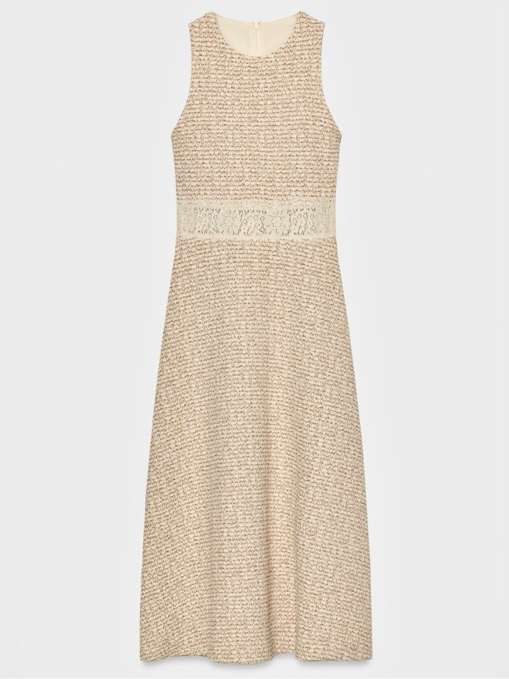 Zara NWT LACE TRIM WIAST textured beige Cream midi Dress